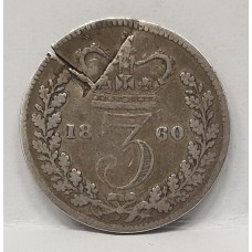 GREAT BRITAIN UK 1860 . THREEPENCE . ERROR . QUEEN VICTORIA WITH BEARD and FLAWS